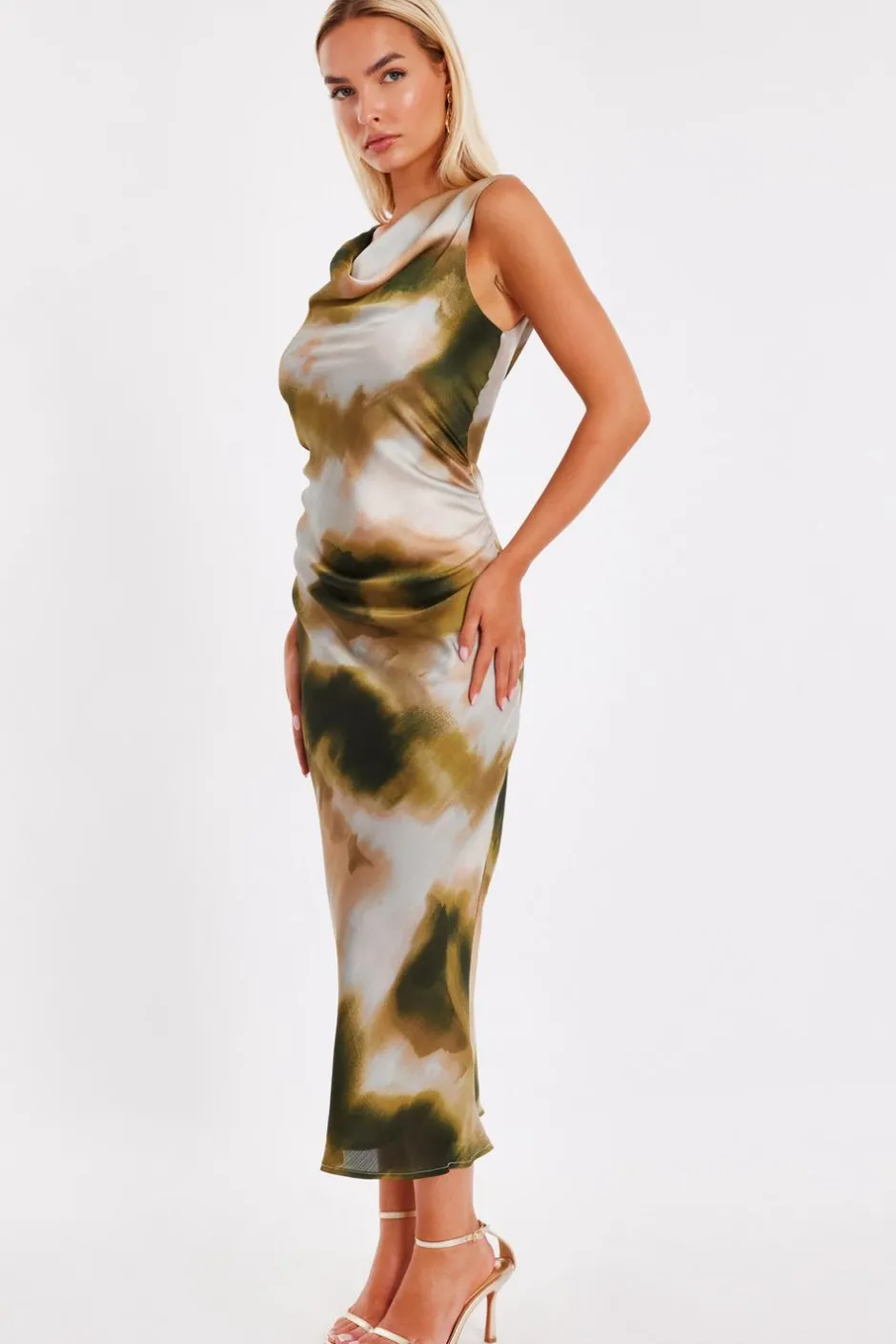 Quiz Khaki Printed Satin Midaxi Dress Sale