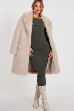 Quiz Khaki Ribbed Bardot Midi Dress Outlet