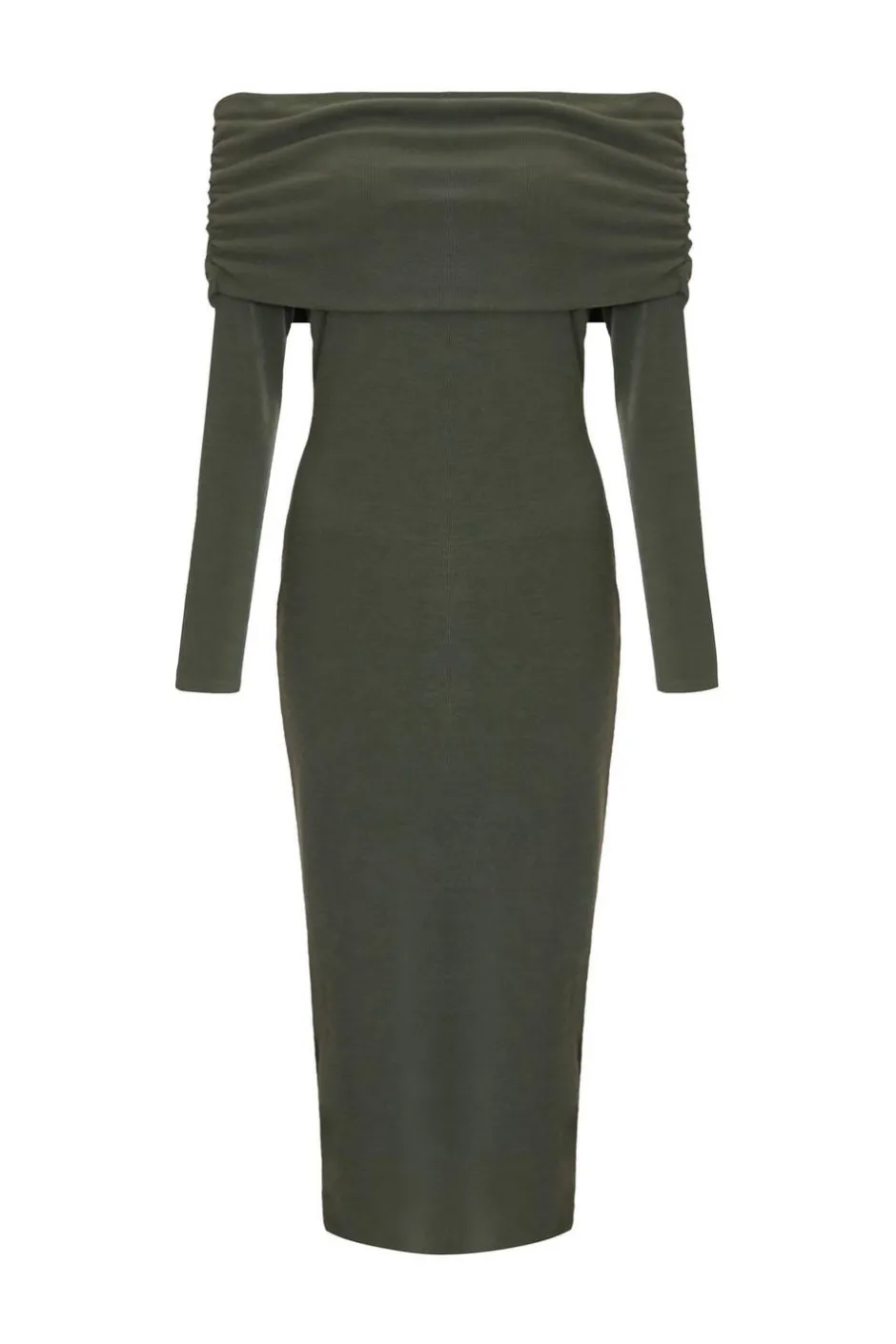 Quiz Khaki Ribbed Bardot Midi Dress Outlet