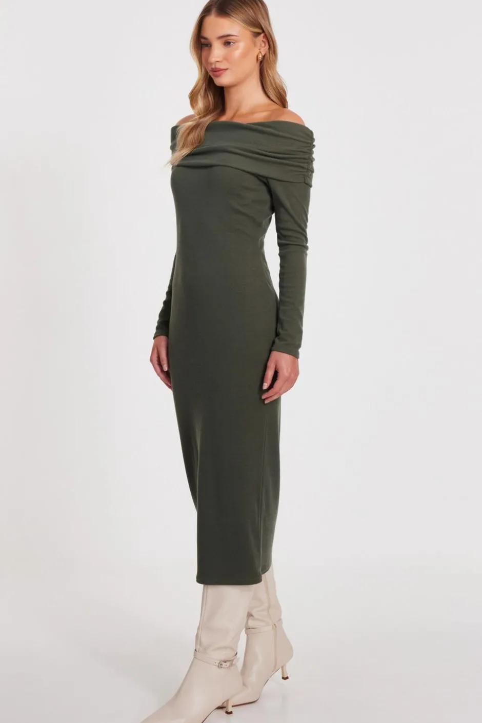 Quiz Khaki Ribbed Bardot Midi Dress Outlet