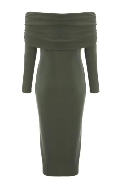 Quiz Khaki Ribbed Bardot Midi Dress Outlet