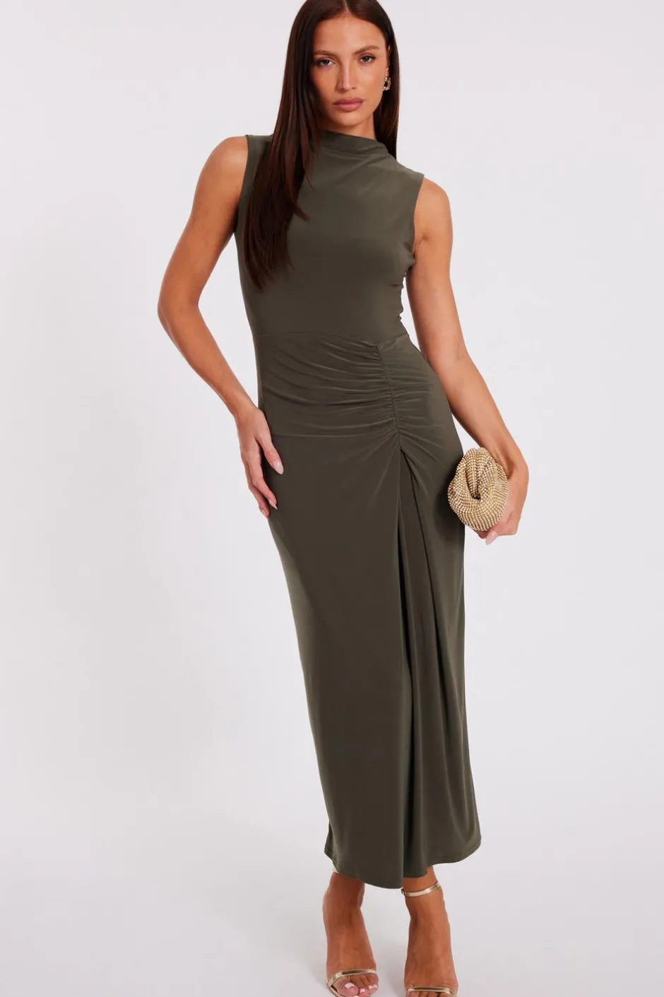 Quiz Ruched Bodycon Midaxi Dress Khaki Discount