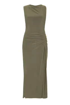 Quiz Ruched Bodycon Midaxi Dress Khaki Discount