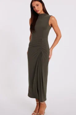 Quiz Ruched Bodycon Midaxi Dress Khaki Discount