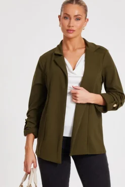 Quiz Ruched Sleeve Blazer Khaki Clearance