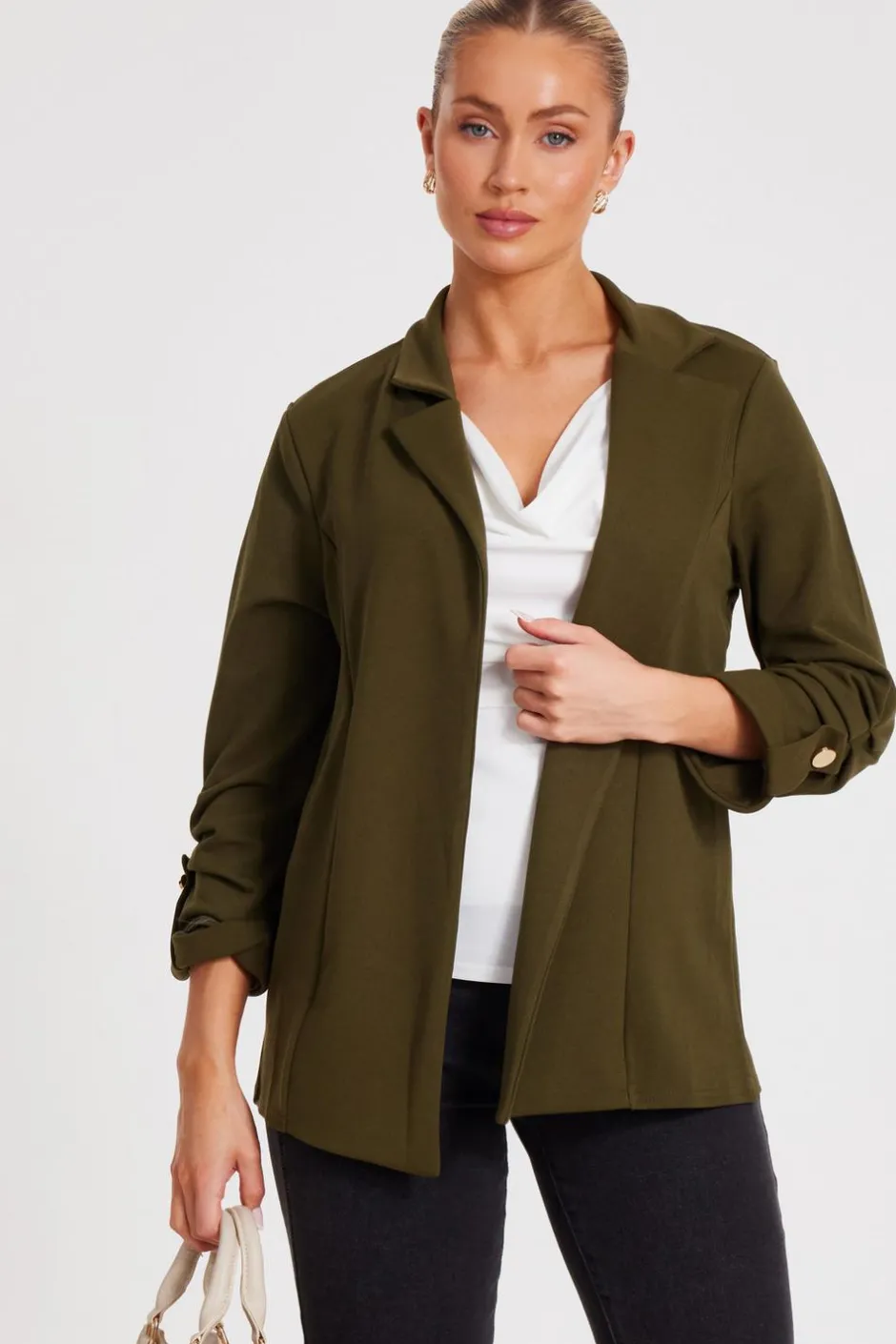 Quiz Ruched Sleeve Blazer Khaki Clearance