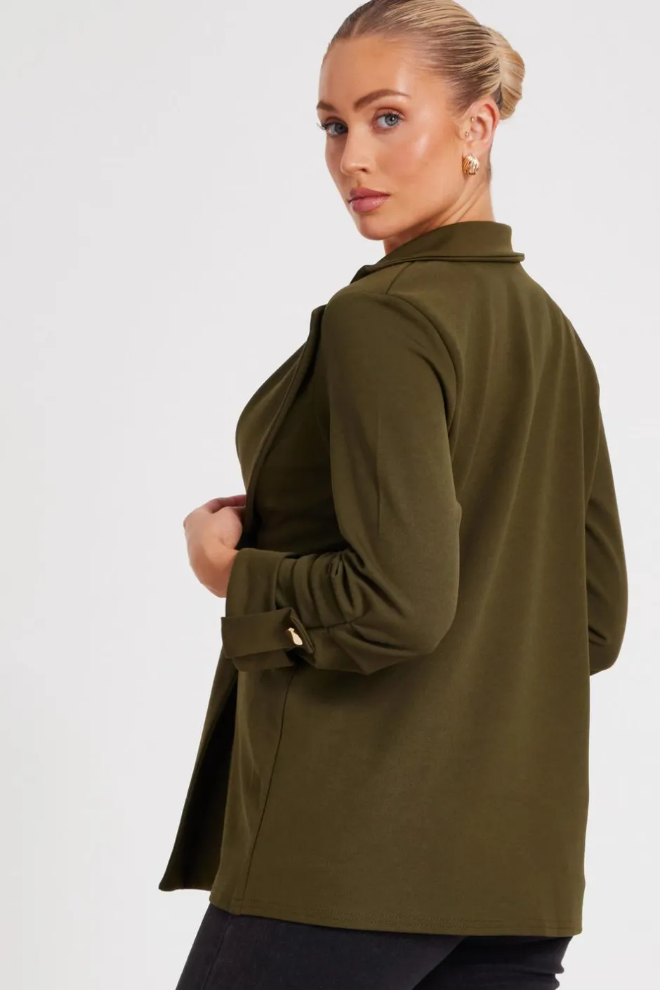 Quiz Ruched Sleeve Blazer Khaki Clearance