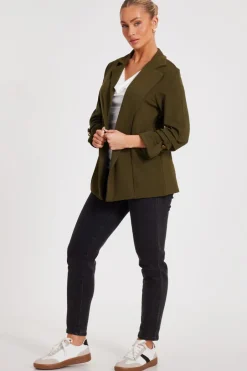 Quiz Ruched Sleeve Blazer Khaki Clearance