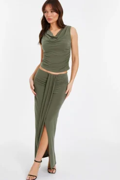 Quiz Ruched Split Maxi Skirt Khaki Clearance