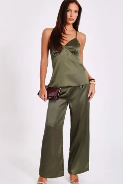 Quiz Khaki Satin Palazzo Trousers Clearance