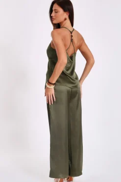 Quiz Khaki Satin Palazzo Trousers Clearance