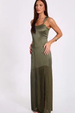 Quiz Satin Pleated Maxi Dress Khaki