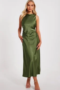 Quiz Satin Ruched Midi Dress Khaki Hot