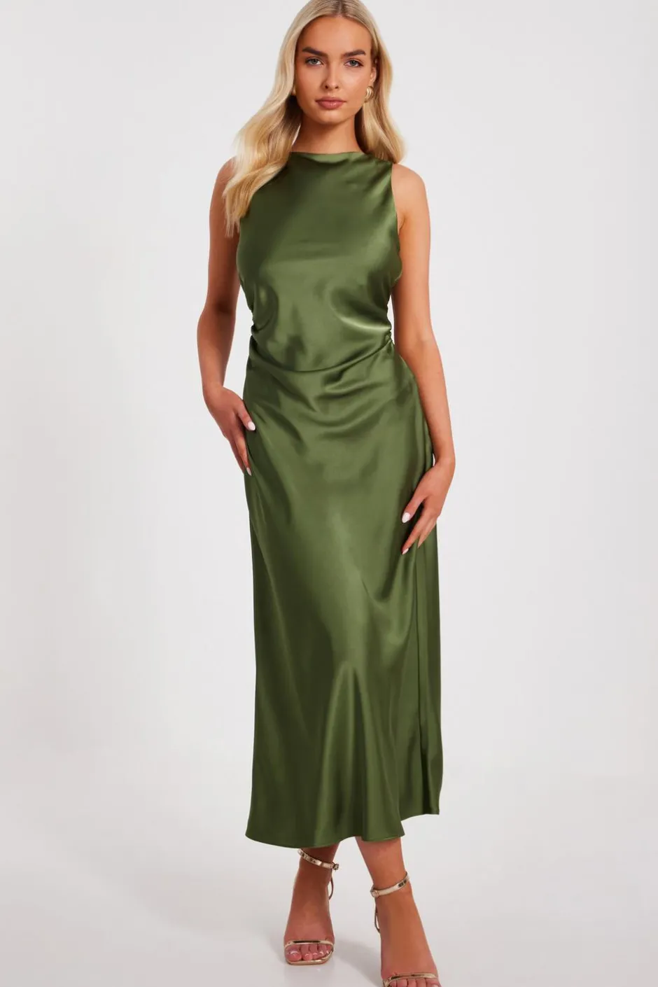 Quiz Satin Ruched Midi Dress Khaki Hot