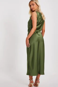 Quiz Satin Ruched Midi Dress Khaki Hot