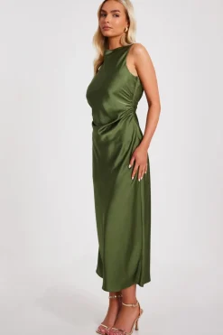 Quiz Satin Ruched Midi Dress Khaki Hot