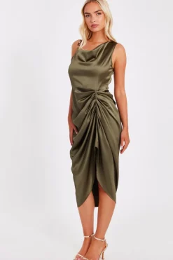 Quiz Khaki Satin Ruched Midi Dress New
