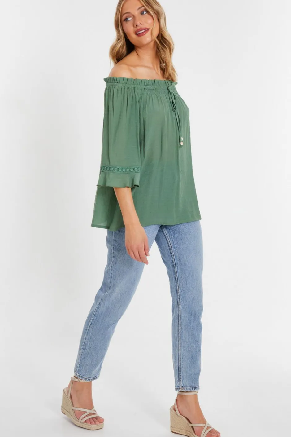 Quiz Khaki Textured Bardot Top Discount