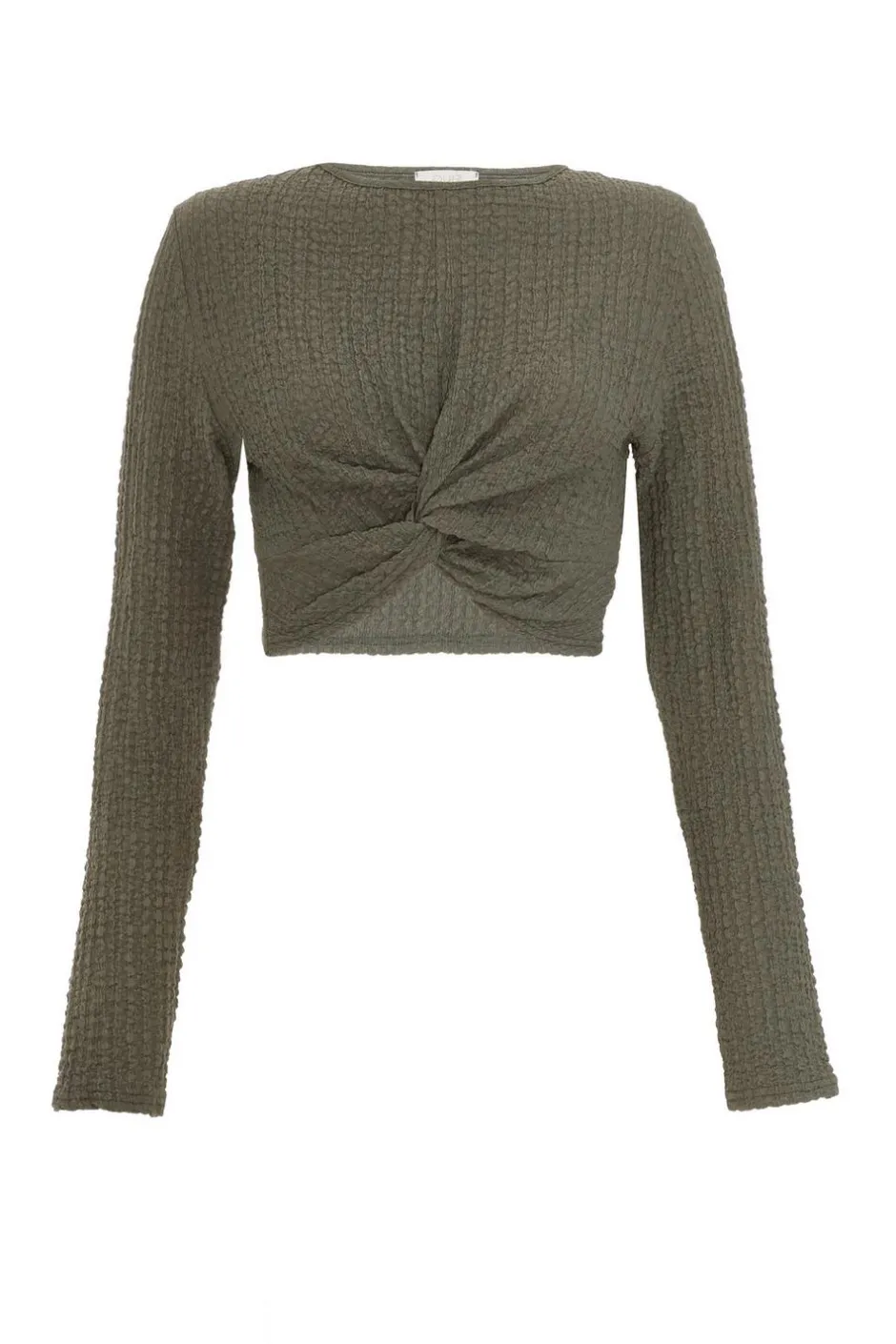 Quiz Textured Knot Front Crop Top Khaki Hot