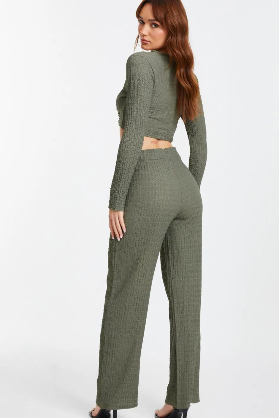Quiz Textured Knot Front Crop Top Khaki Hot