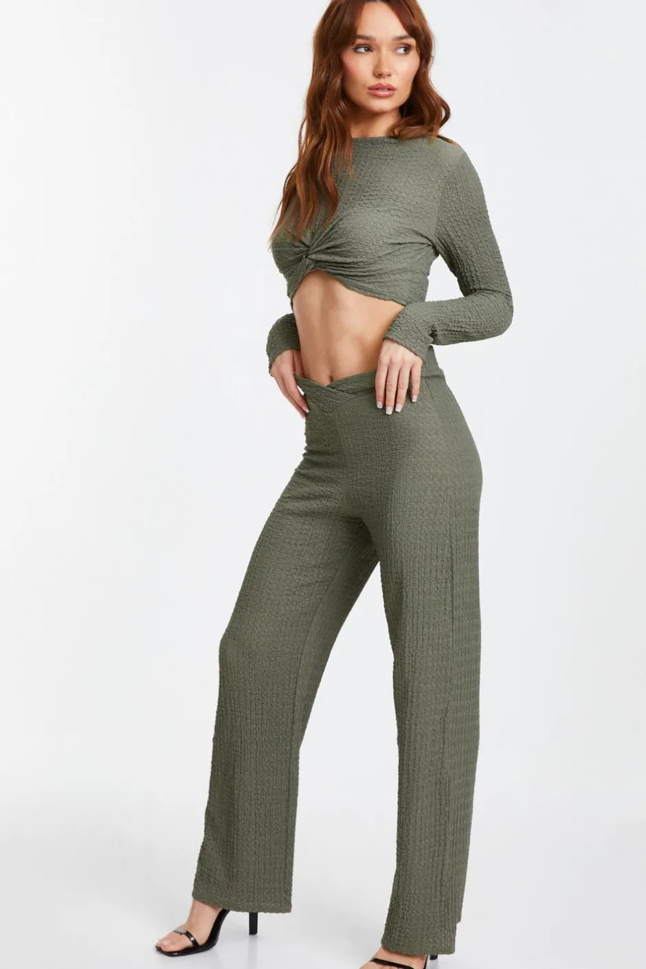 Quiz Textured Knot Front Crop Top Khaki Hot