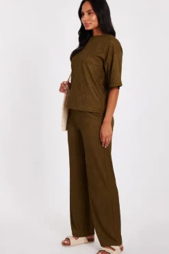 Quiz Textured Palazzo Trousers Khaki Online