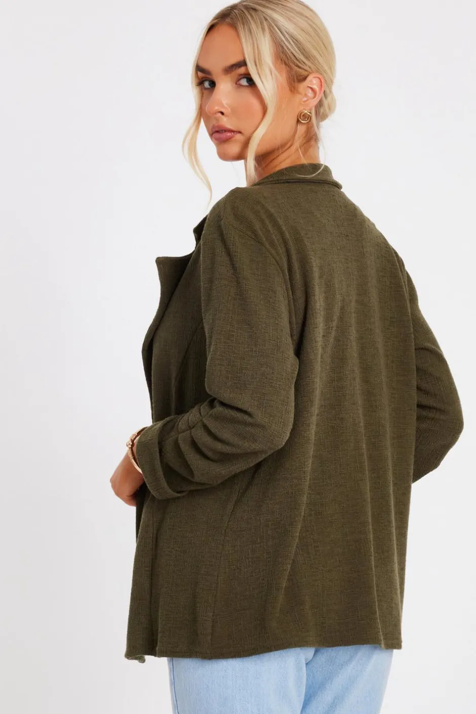 Quiz Textured Ruched Sleeve Blazer Khaki Sale