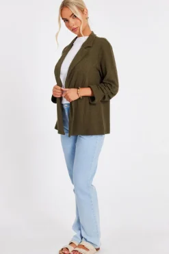 Quiz Textured Ruched Sleeve Blazer Khaki Sale