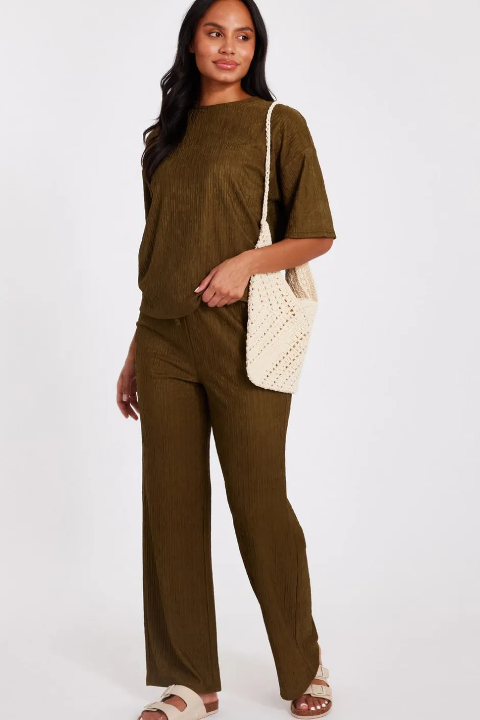 Quiz Textured T-Shirt Khaki