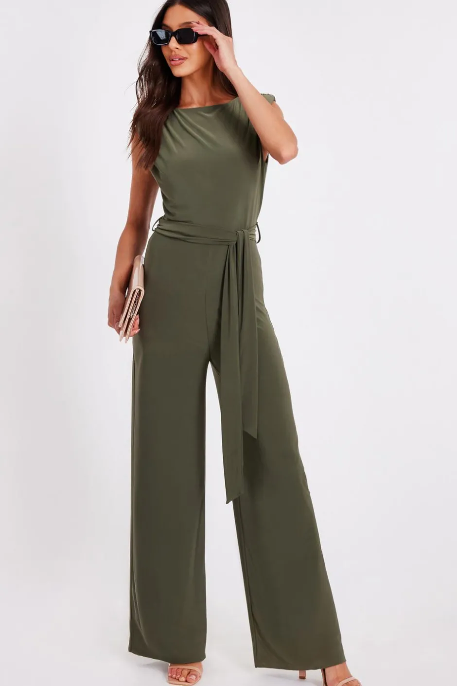 Quiz Tie Waist Jumpsuit Khaki Sale