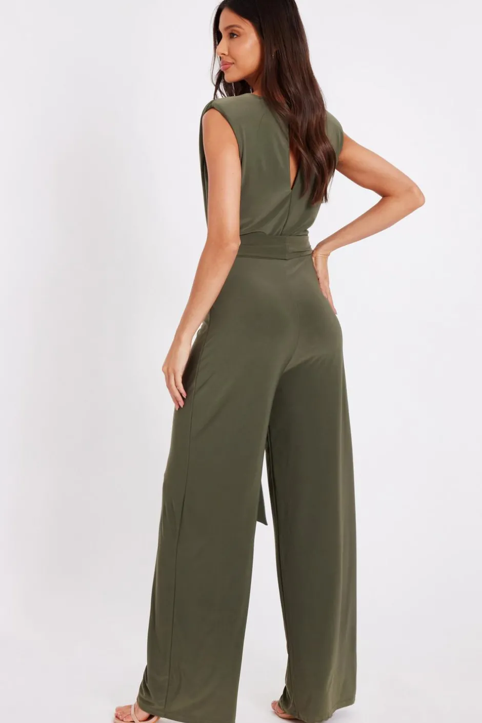 Quiz Tie Waist Jumpsuit Khaki Sale