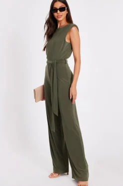 Quiz Tie Waist Jumpsuit Khaki Sale