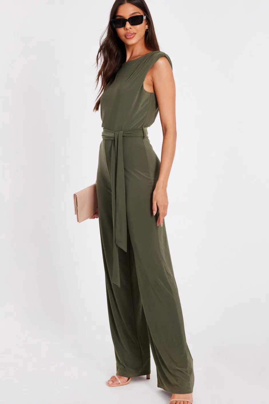 Quiz Tie Waist Jumpsuit Khaki Sale