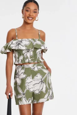 Quiz Khaki Tropical Print Bardot Crop Top Online