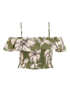 Quiz Khaki Tropical Print Bardot Crop Top Online