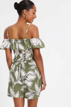 Quiz Khaki Tropical Print Bardot Crop Top Online
