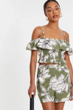 Quiz Khaki Tropical Print Shorts Clearance