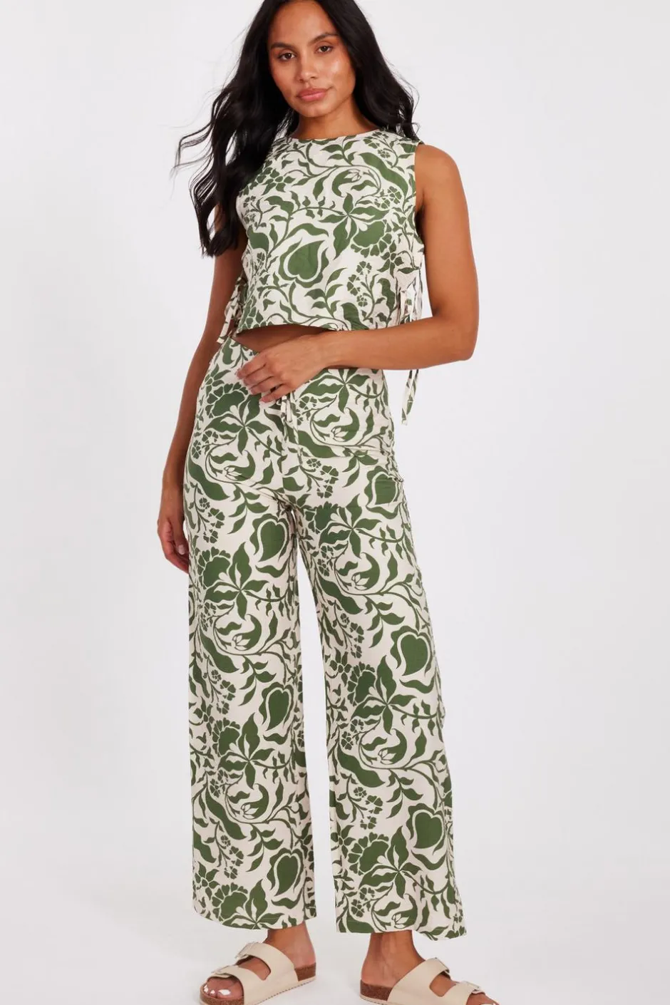 Quiz Khaki Tropical Print Trousers