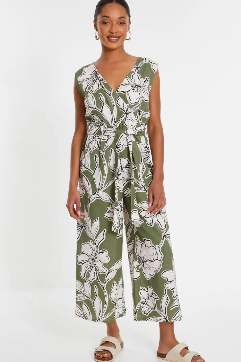 Quiz Khaki Tropical Print Wrap Jumpsuit