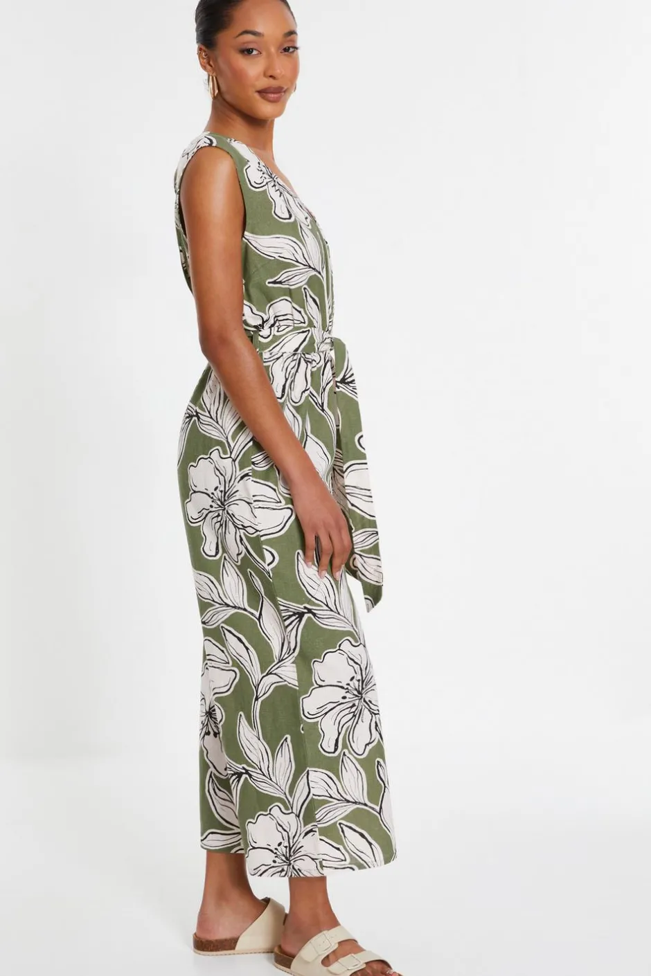 Quiz Khaki Tropical Print Wrap Jumpsuit