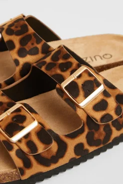 Quiz Leopard Print Double Buckle Flat Sandals Multi New