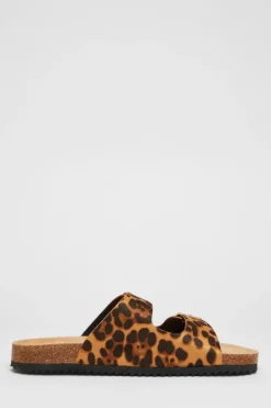 Quiz Leopard Print Double Buckle Flat Sandals Multi New