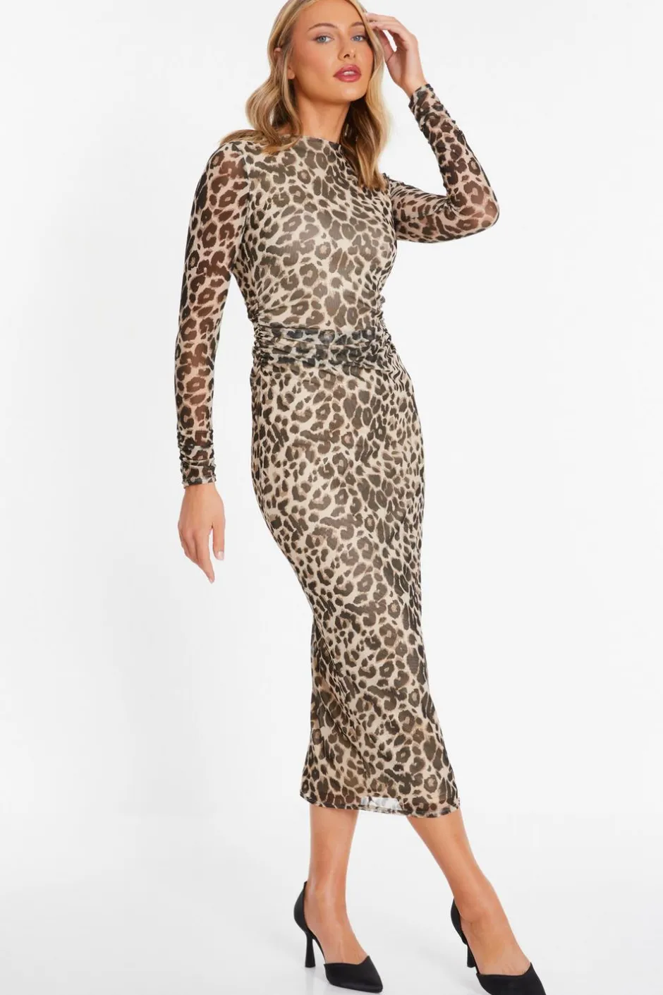 Quiz Leopard Print Mesh Midaxi Dress Outlet