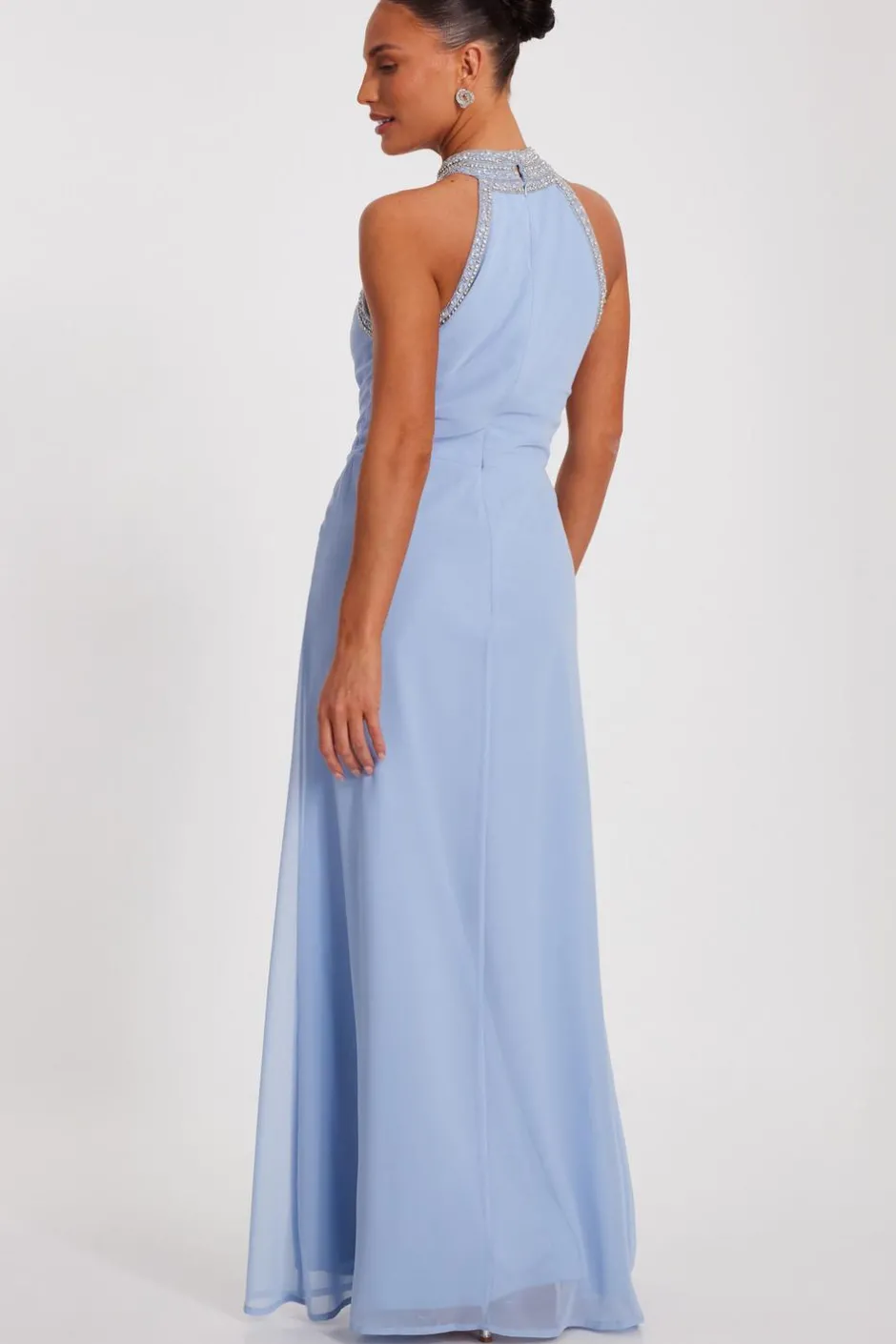 Quiz Embellished Chiffon Maxi Dress Light Blue Clearance