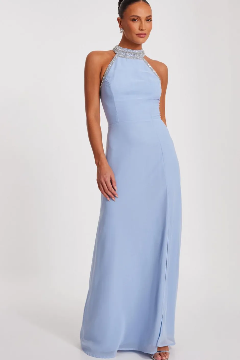 Quiz Embellished Chiffon Maxi Dress Light Blue Clearance