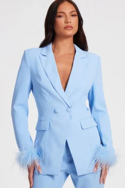 Quiz Feather Trim Blazer Light Blue Discount