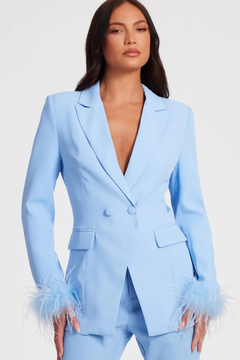 Quiz Feather Trim Blazer Light Blue Discount