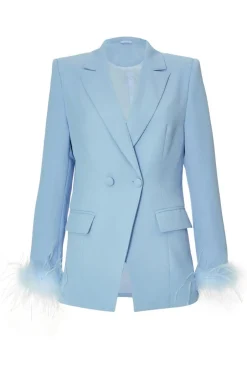 Quiz Feather Trim Blazer Light Blue Discount
