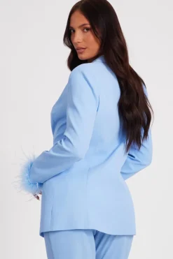 Quiz Feather Trim Blazer Light Blue Discount