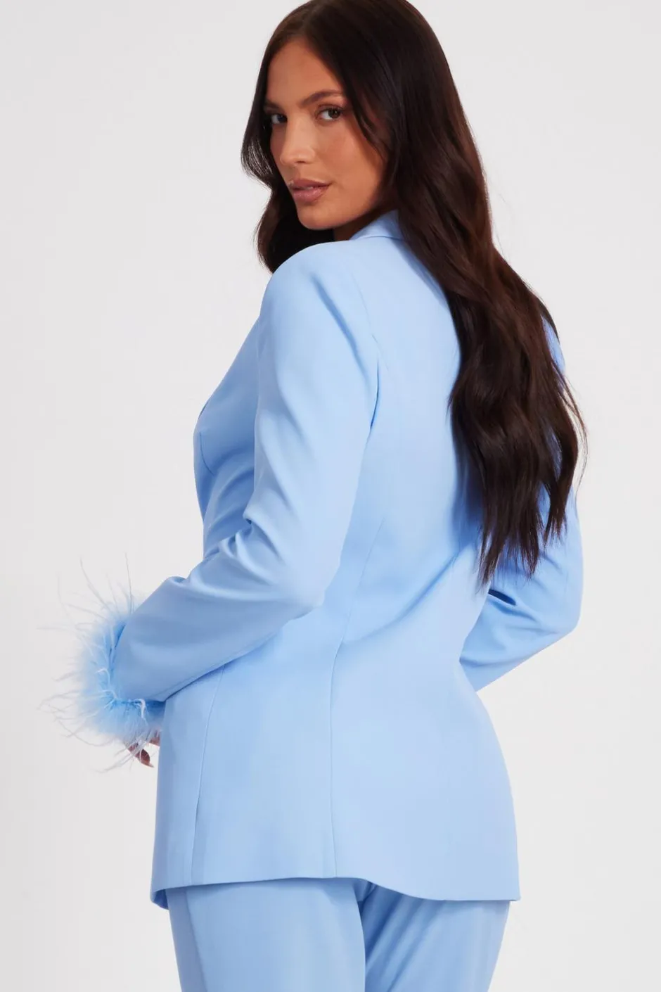 Quiz Feather Trim Blazer Light Blue Discount